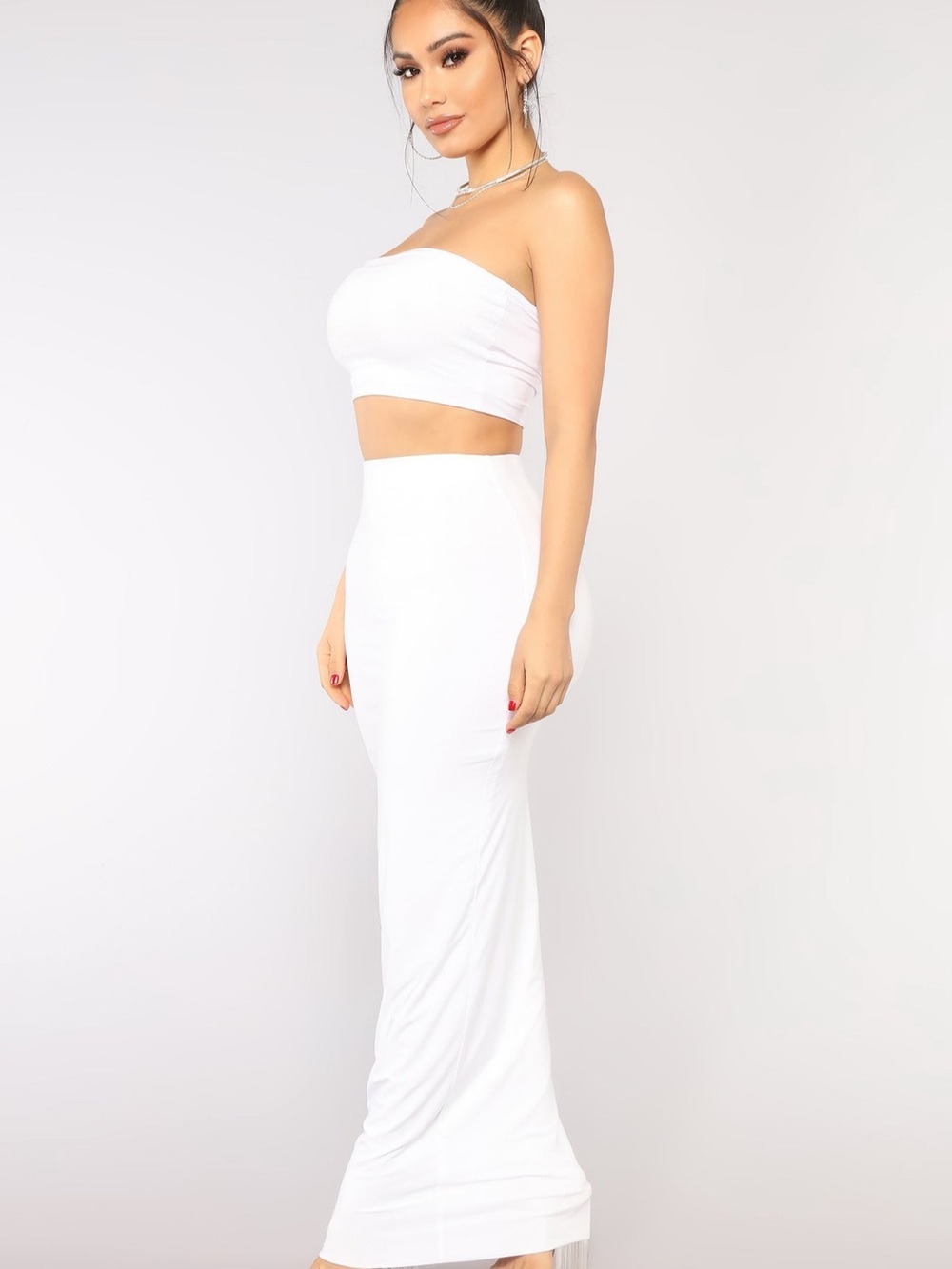 Fashion nova White High-Waist Maxi Skirt and bandeau top set sz L - Picture 3 of 4
